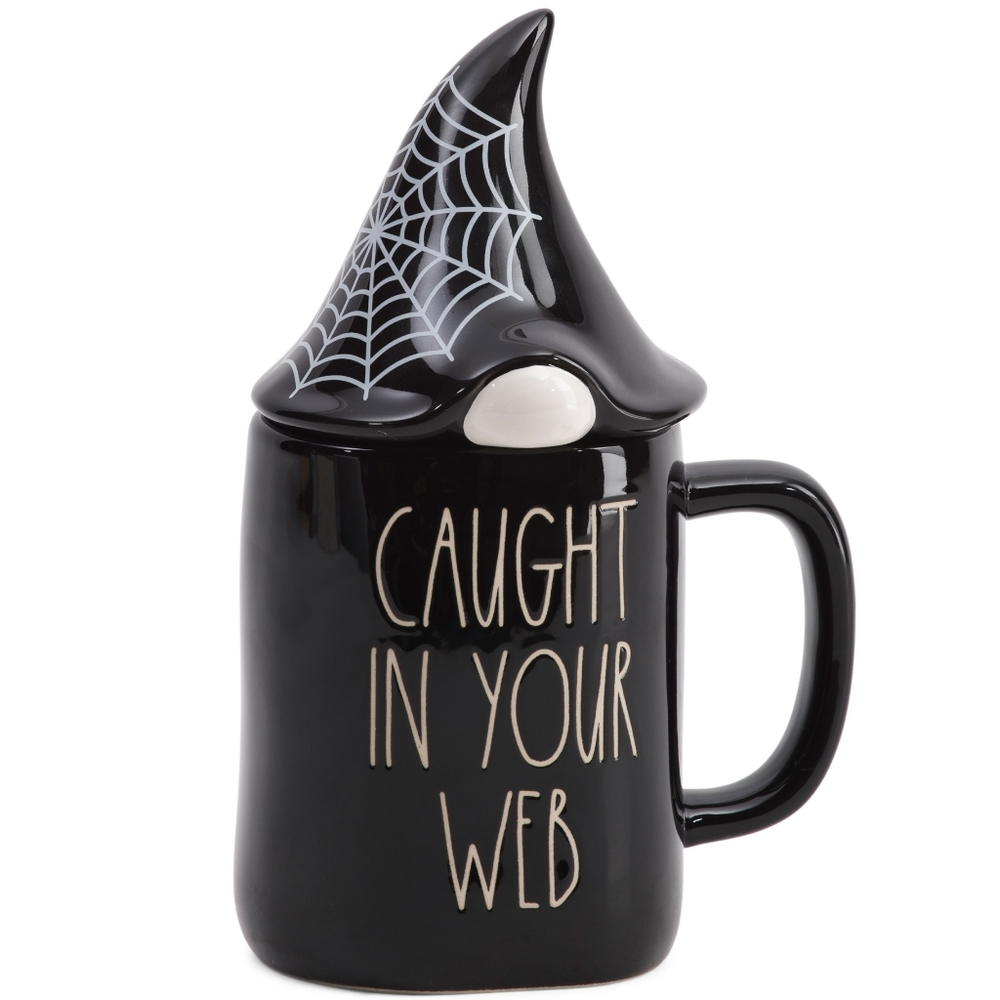 NEW Rae Dunn CAUGHT IN YOUR WEB Figural Gnome Lidded Ceramic Mug Coffee Cup